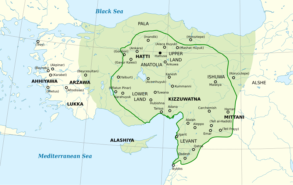 ヒッタイト帝国の最大版図を示す地図