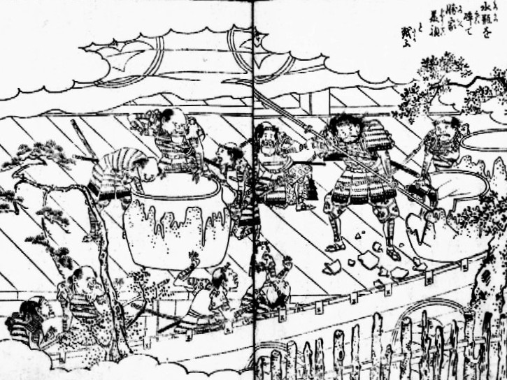 「絵本太閤記」に描かれた水瓶を割る柴田勝家（岡田玉山画、江戸期）