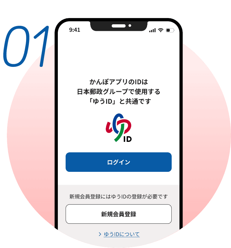 かんぽアプリの利用手順「ゆうIDでログイン」を示す公式イラスト