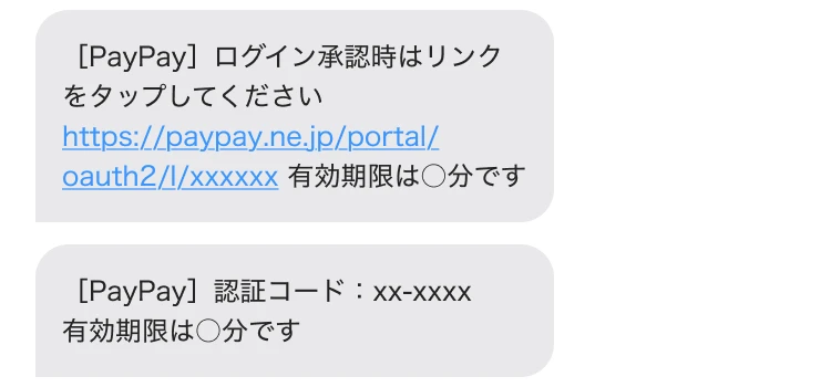 PayPayから届くSMSの文面例(ログイン承認リンクと認証コード)を示したイラスト