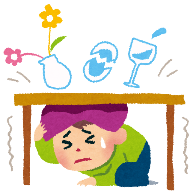 テーブルの下に避難して頭を守る様子のイラスト