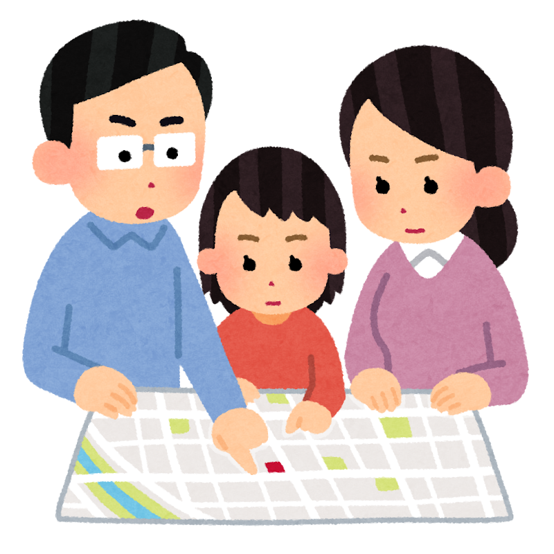 避難場所を地図で確認する家族のイラスト