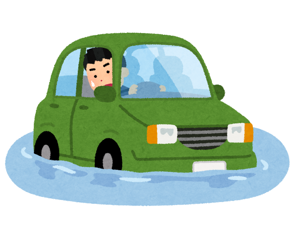 冠水した道路で立ち往生する自動車のイラスト
