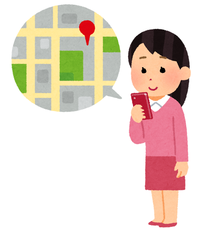 スマートフォンの地図アプリで場所を確認する女性のイラスト