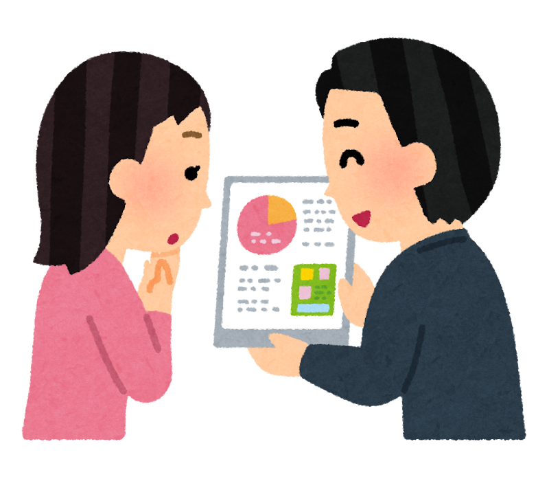 タブレットを使って申請手順を説明するビジネスマンのイラスト
