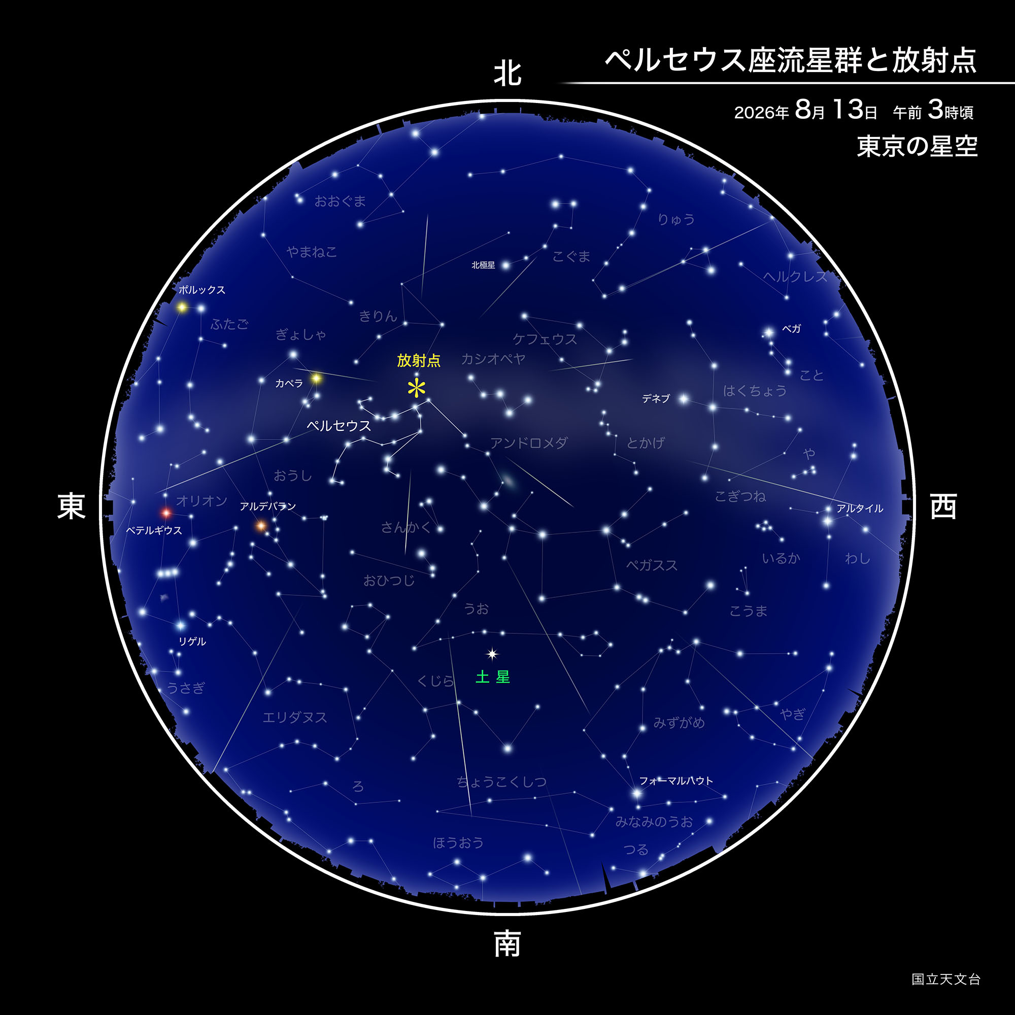 2026年8月13日午前3時頃・東京の空とペルセウス座流星群の放射点を示す星図(出典: 国立天文台 NAOJ)