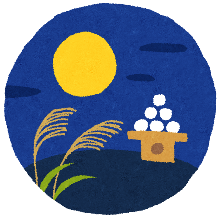 十五夜のお供え物（満月・月見団子・すすき）のイラスト