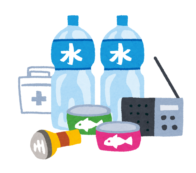 防災グッズ(懐中電灯・水・缶詰・ラジオなど)のイラスト