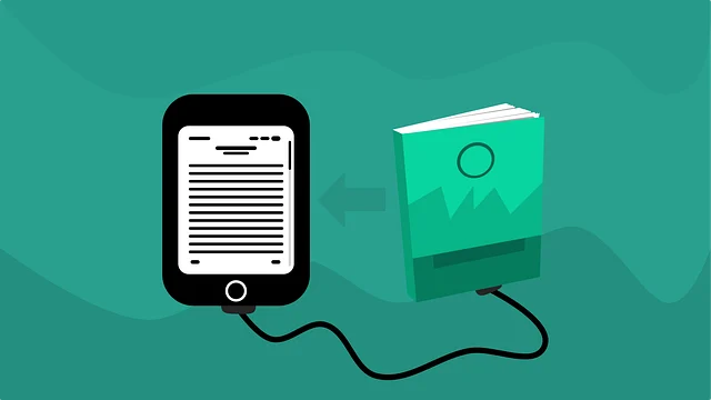 本の内容がスマートフォンへ流れ込む電子書籍のイメージ