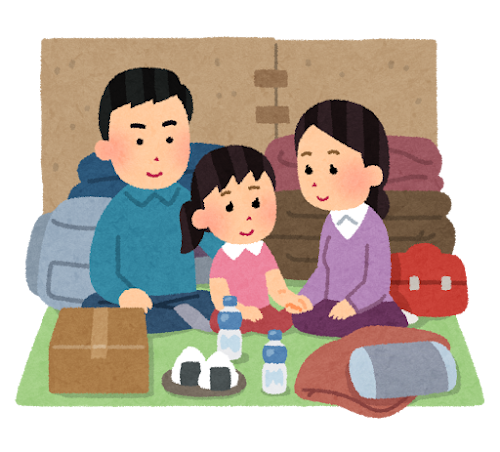避難所生活の家族のイラスト