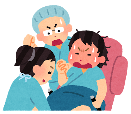分娩中の女性と助産師、応援する配偶者のイラスト