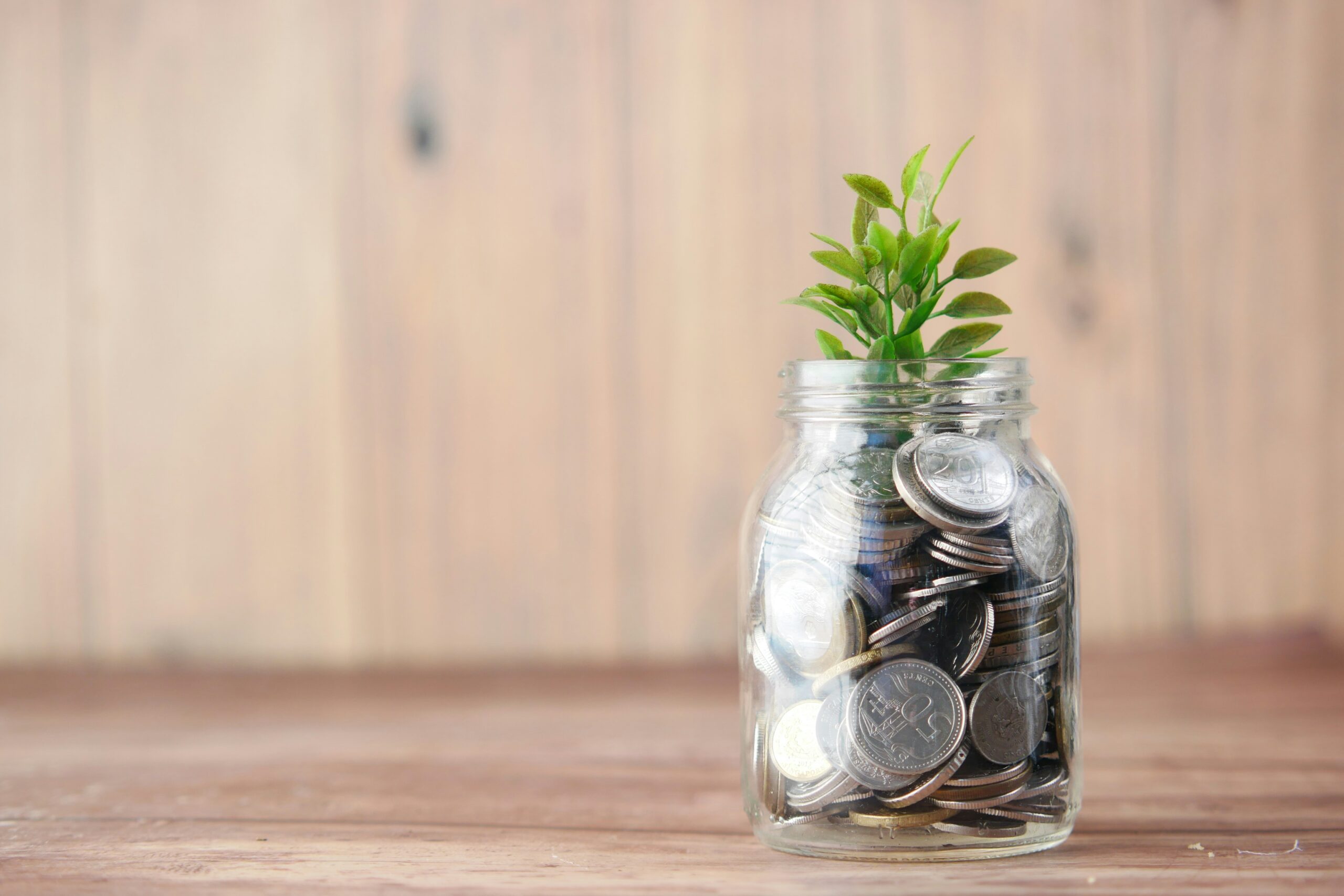 年金資産と家計をイメージした、ガラス瓶に貯まったコインと観葉植物