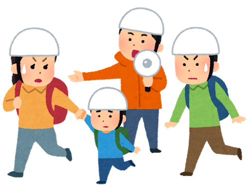 避難する人と避難誘導する人のイラスト
