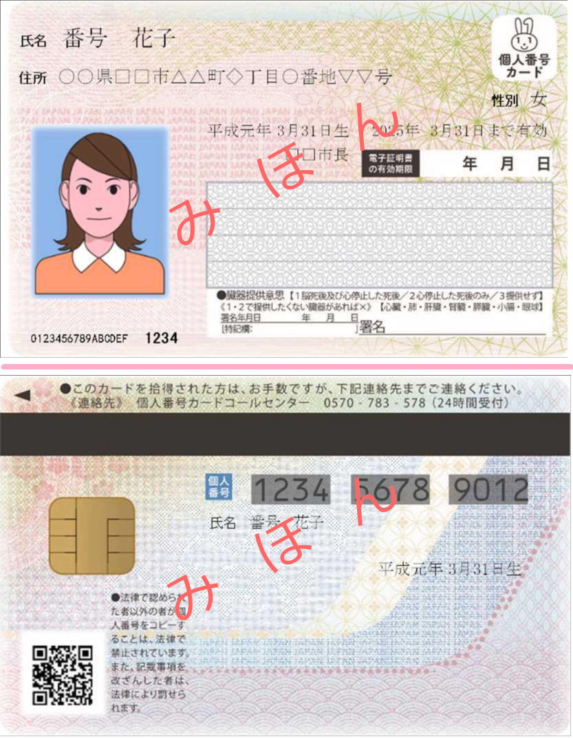 マイナンバーカードの見本(表面と裏面)