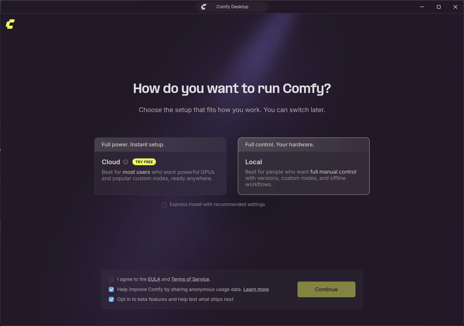 Comfy Desktop初回画面でCloudとLocalが表示された状態