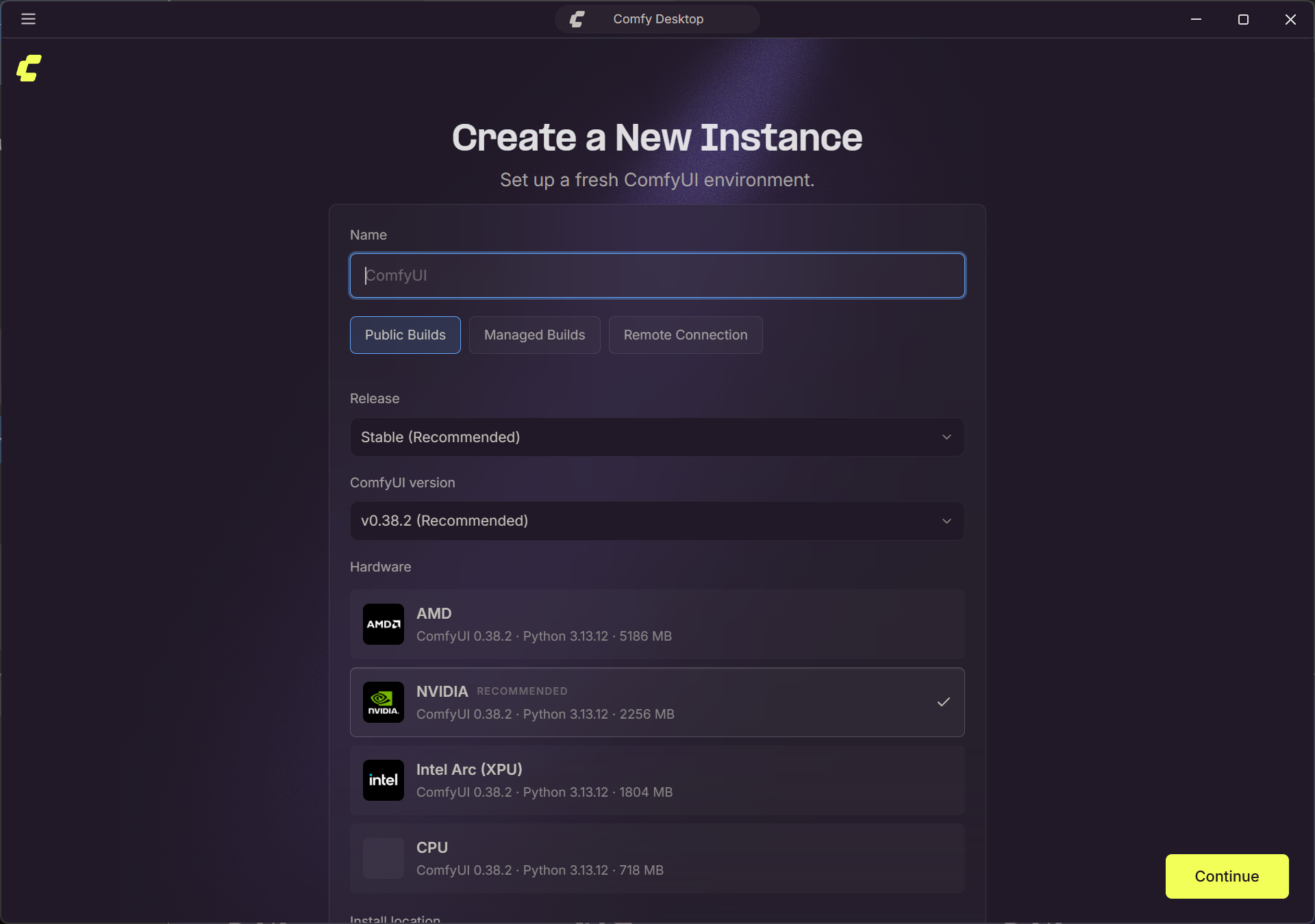 Create a New Instanceの初期表示