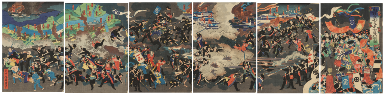 鳥羽・伏見の戦いを描いた錦絵「毛利嶋山官軍大勝利之図」（照皇斎国広画、1868年）