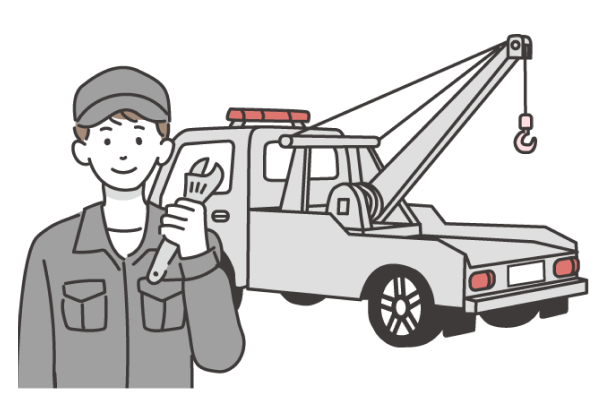 整備士とレッカー車のイラスト。ロードアシスタンスのレッカー搬送をイメージしたもの