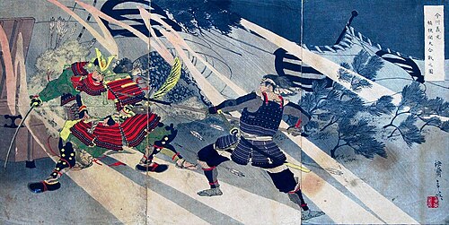 明治期の錦絵「今川義元 桶狭間大合戰之圖」（梧斎年英＝右田俊英筆、3枚揃）