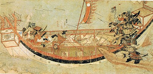 蒙古襲来絵詞に描かれた、モンゴル船を攻撃する日本の武士の場面