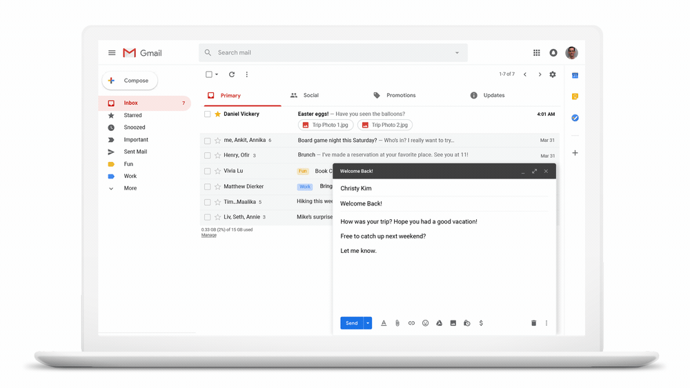 PC版Gmailで送信ボタン横の矢印から予約送信を設定する操作デモ(2019年の機能発表時点の画面のため、現在の画面とは細部が異なります)