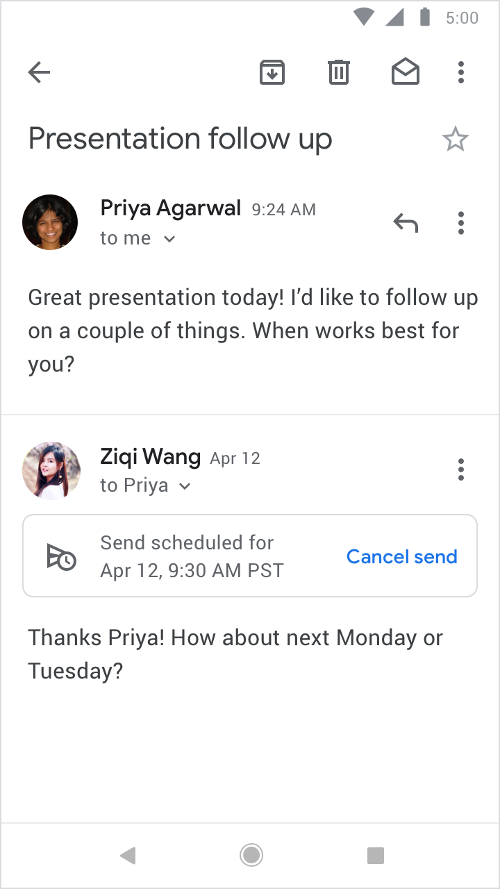 Gmailアプリ(モバイル版)の予約送信の画面(2019年の機能発表時点の画面のため、現在のアプリとは細部が異なります)