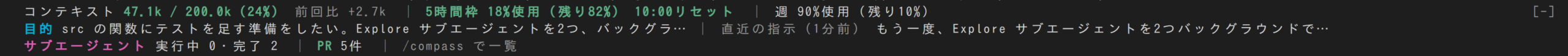 自作の mod session-compass と usage-numbers を重ねた帯。コンテキストと利用制限の数字、目的と直近の指示、サブエージェントと PR の件数が3行で出ている