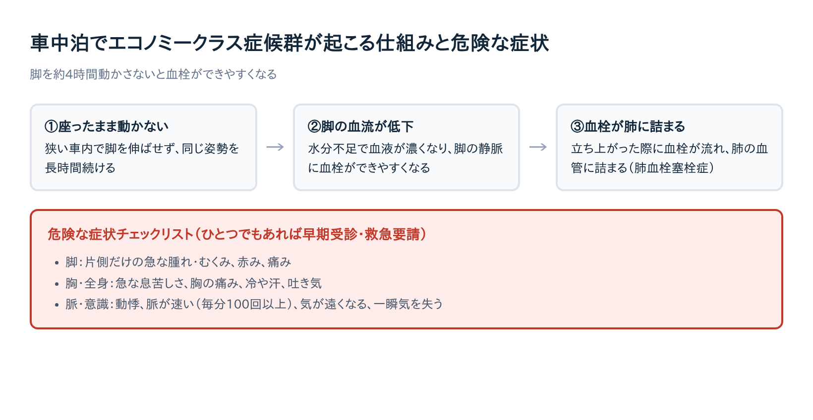 車中泊でエコノミークラス症候群が起こる仕組みと危険な症状の図解