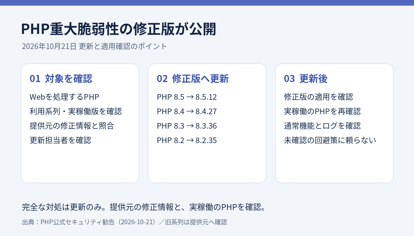 PHP修正版の公開確認から適用・動作確認までを示す独自図解
