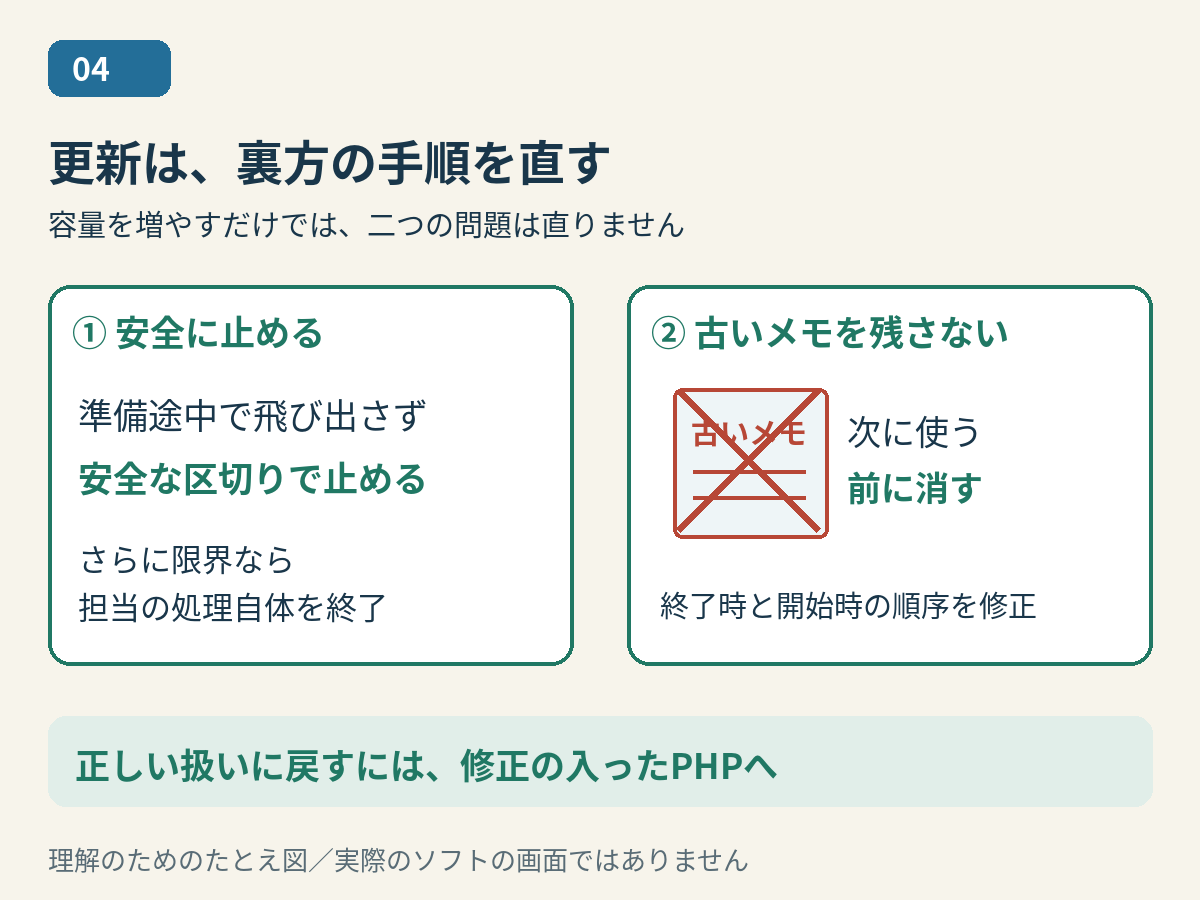 準備途中でも安全に止まることと、古い案内を先に消すことを並べた修正のたとえ